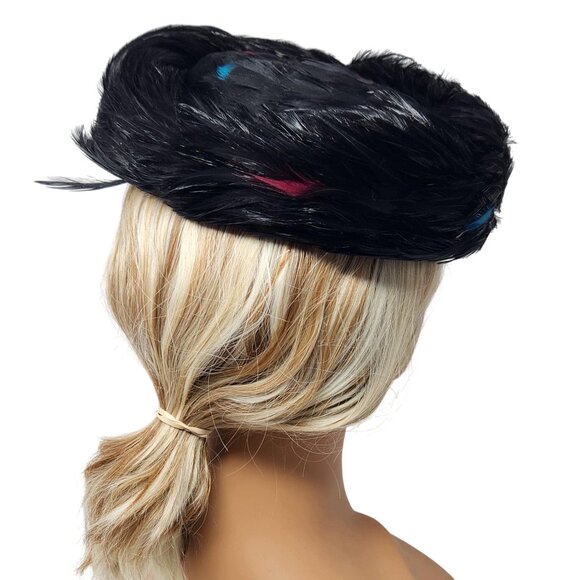 Vintage 1950s Black Feather Womens Pillbox Hat Red & Blue Accents Kentucky Derby - Picture 5 of 6